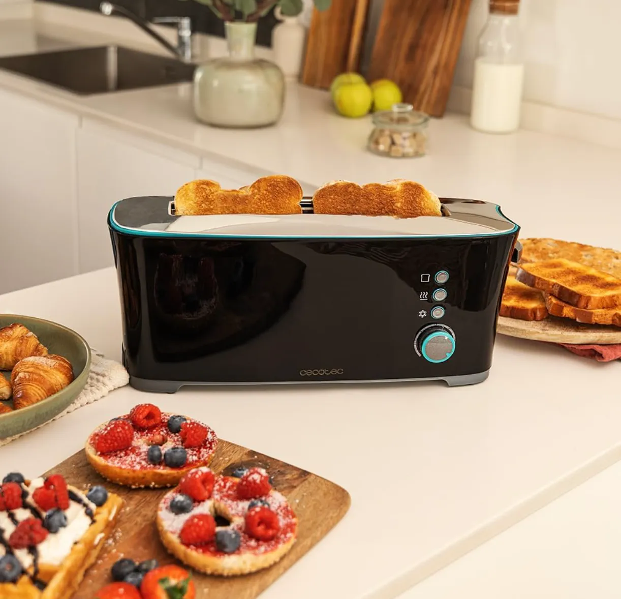 Cecotec Grille-pain Toast&Taste Extra B, 1000 W de puissance, Double fente longue pour 2 tartines, Fente XL, Arrêt et Popup automatiques, Bac à miettes, Varillas Superiores, Auto-centrage