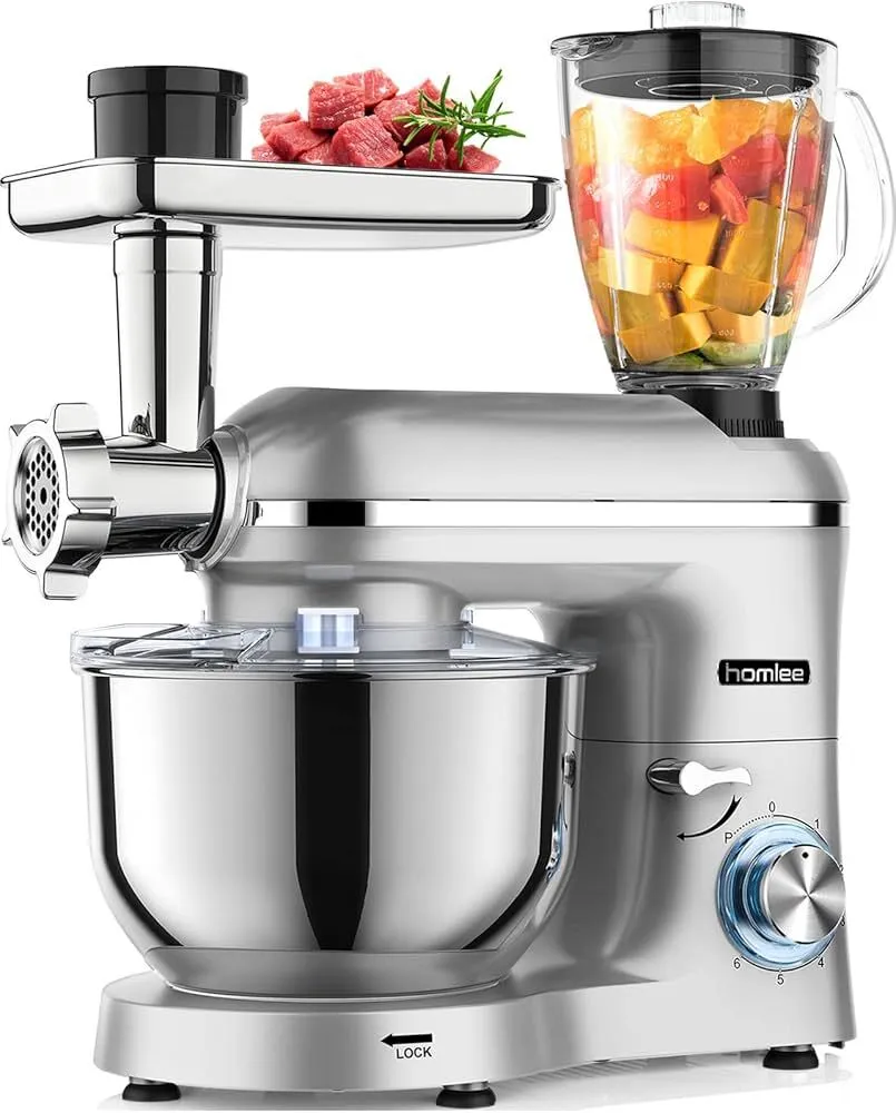 Homlee Robot Multifonctions 1800W Robot Pâtissier, Blender Professionnel Universel Hachoir à Viande Électrique avec Mixeur Verre 1,5L, 3 Plaques de Broyage, Bol d'Acier Inoxydable 5.5L 