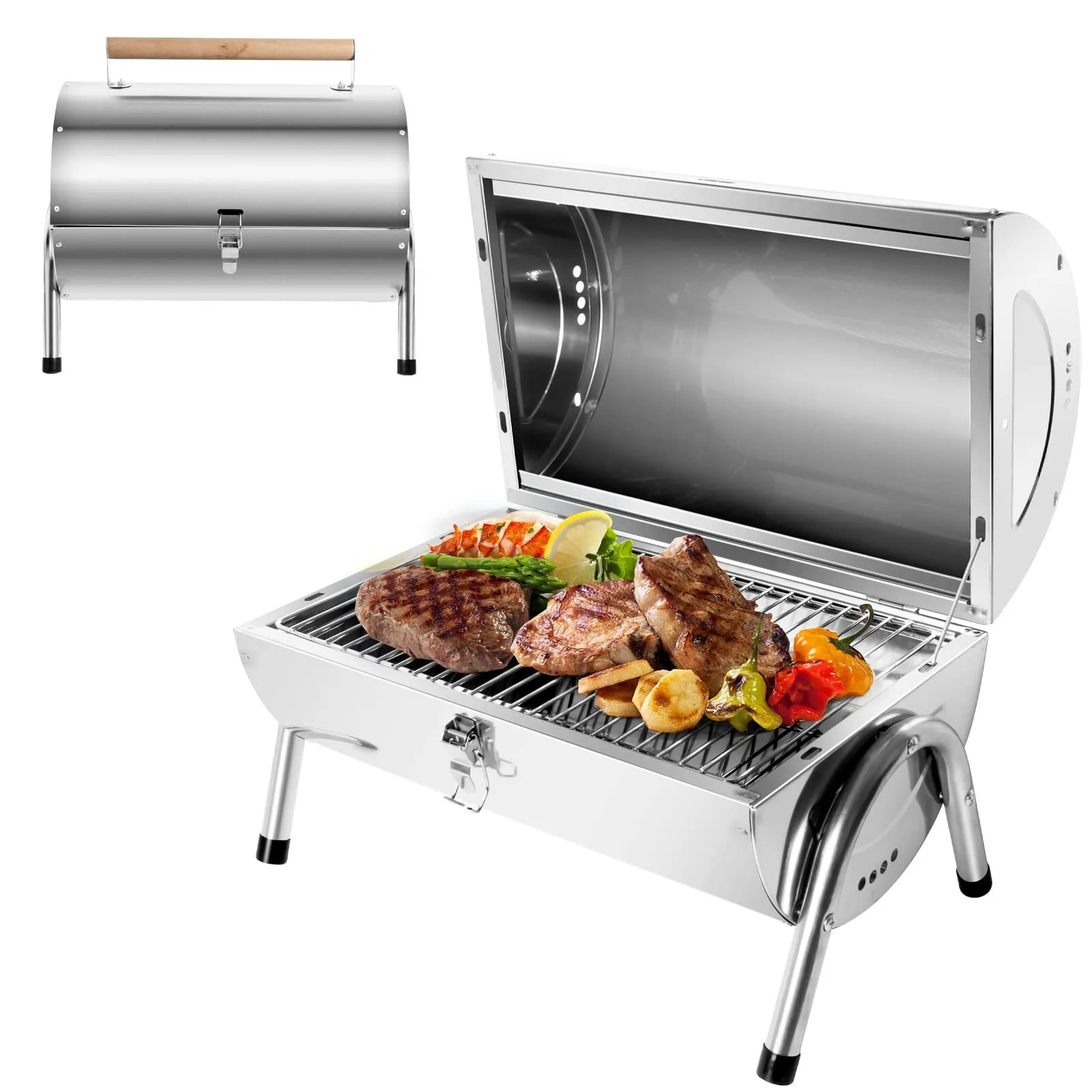 SunJas Barbecue Portable 2 en 1 Barbecue à Charbon Inox BBQ Grill Mini Barbecue de Table Transportable pour Jardin Balcon Voyage Camping - Argent