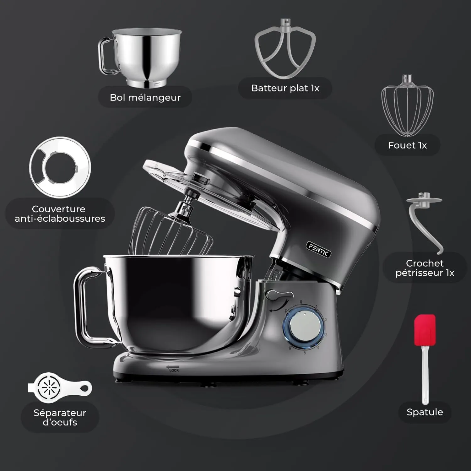 Fentic Robot Pâtissier – 2000W – Bol mélangeur en acier inoxydable (6,2L) – Avec fouet, Crochet pétrisseur et Batteur plat – Incl. et accessoires...
