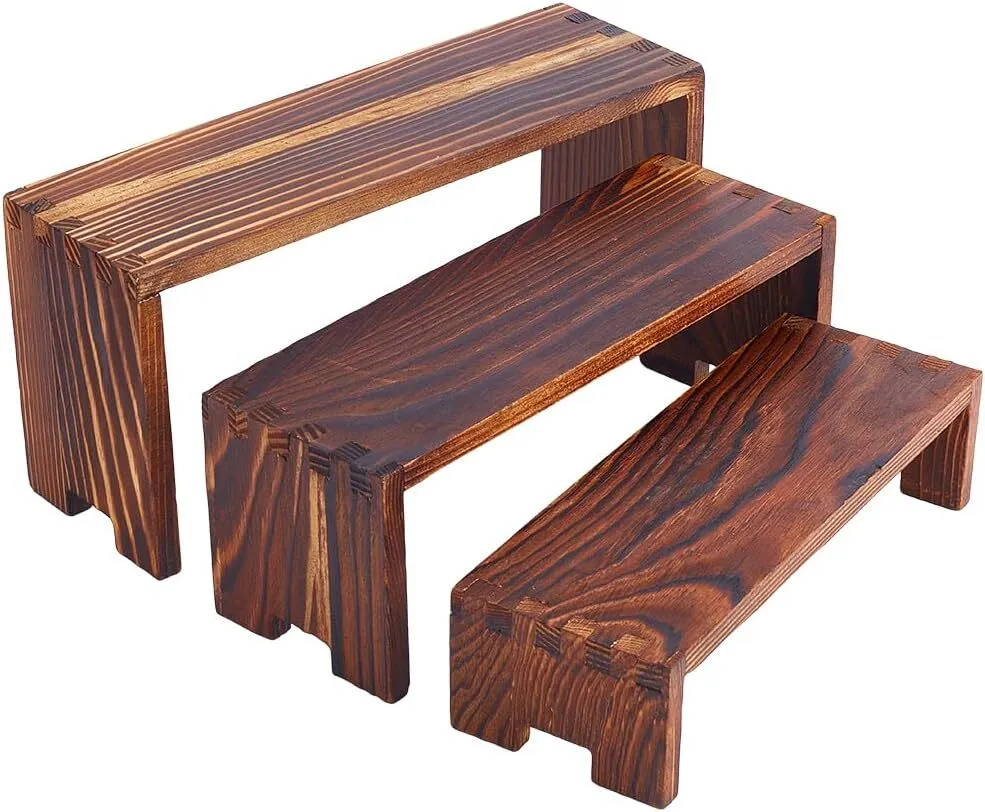 Présentoir en Bois à 3 Niveau, 3 Taille Support de Risers d'affichage Non Fini Étagères Étagère Vitrine Présentoirs à bijoux en Bois pour Cupcake Figurine Présentoir à Bijoux, Brun Coco