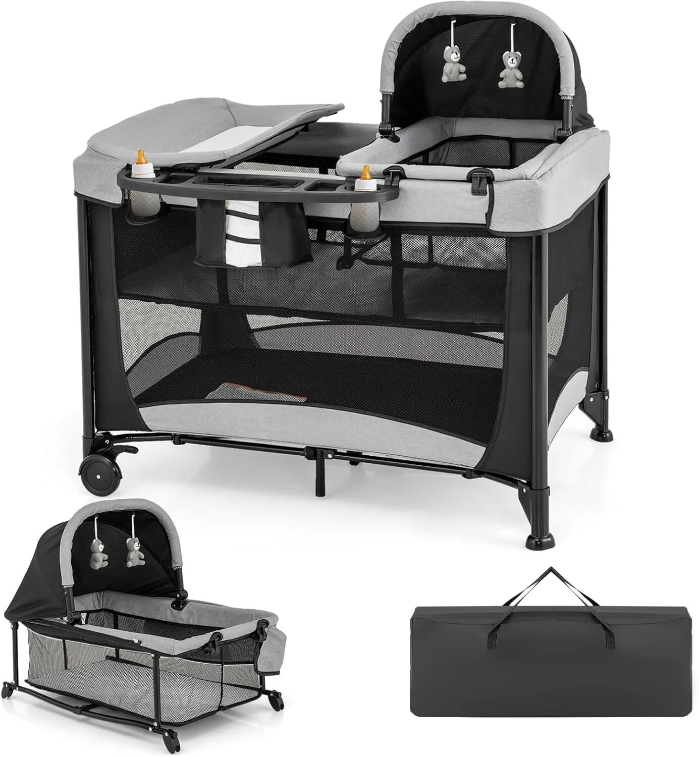 COSTWAY 5 en 1 Lit Parapluie Bébé avec Matelas & Table à Langer, Lit Bébé Evolutif avec Berceau Amovible & 2 Jouets, 2 Roues avec Frein, Sac de Transport, 110x78cm, Charge 10kg pour 0-3 Ans