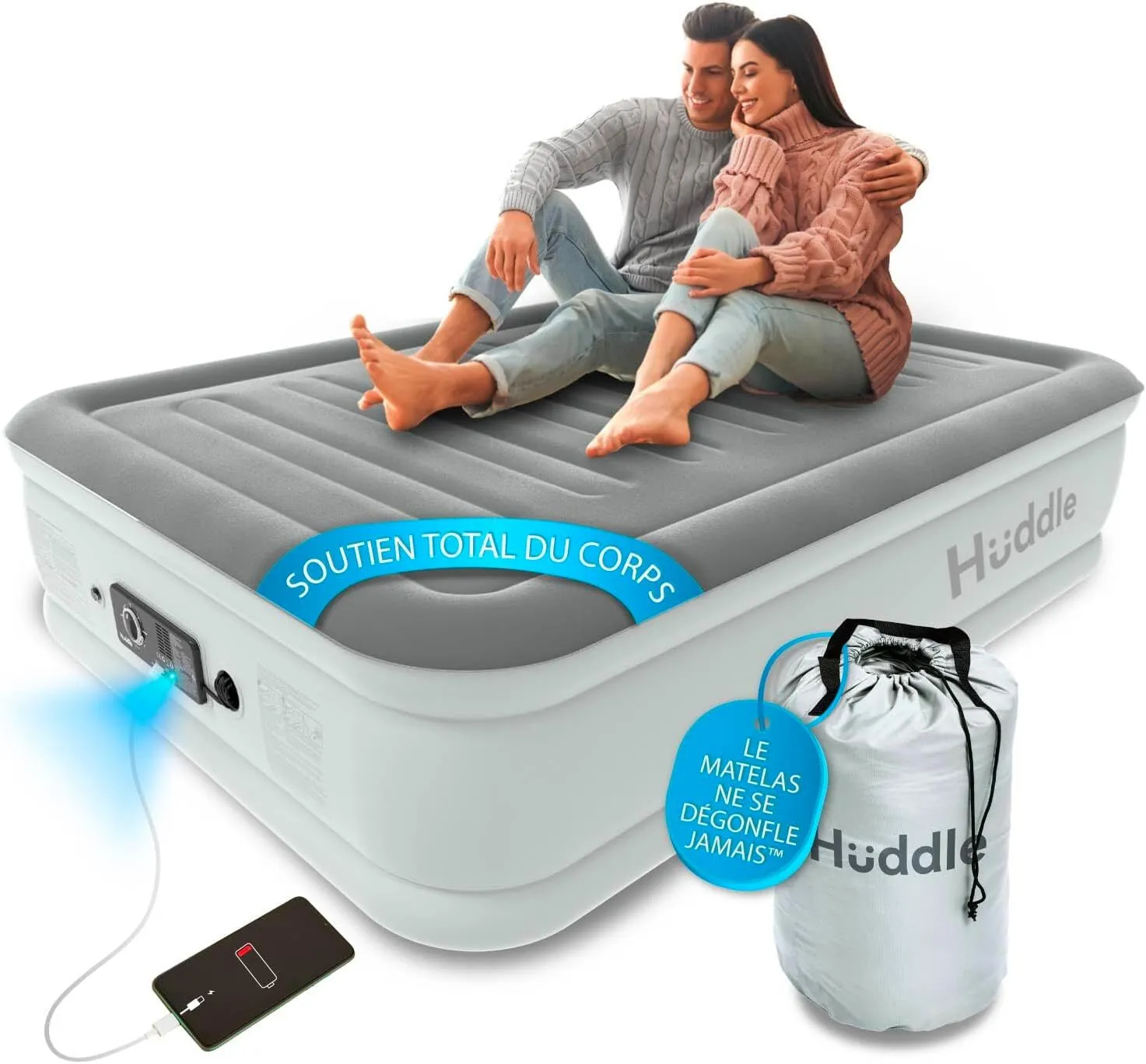Huddle® Luxe JAMAIS SE DÉGONFLER Lit Gonflable King-Size avec Technologie Premium brevetée SlumberGuard™ à Double Pompe | Matelas Gonflable avec Pompe intégrée | Matelas Gonflable Confortable