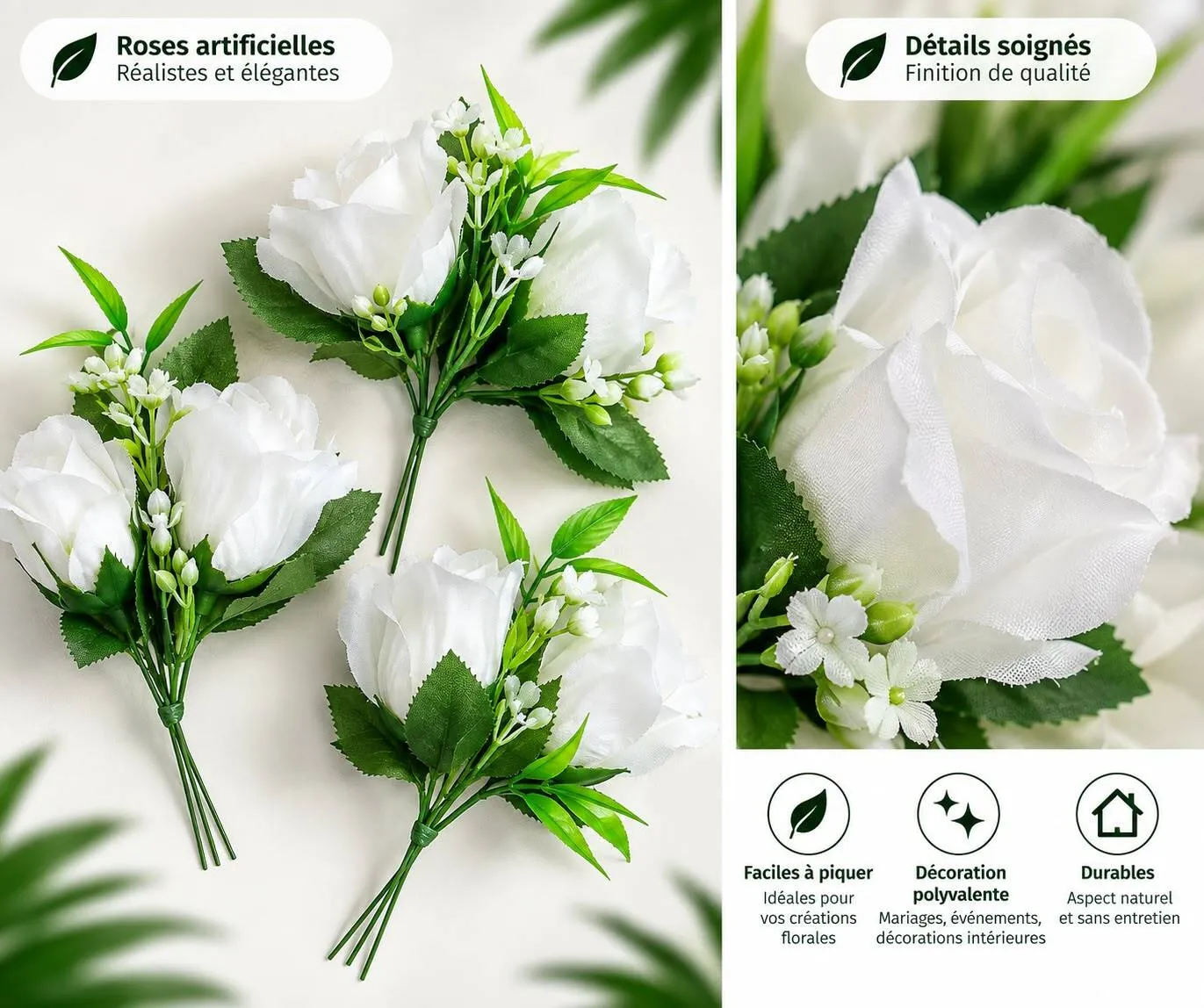 Roses artificielles - Lot de 10 roses blanches