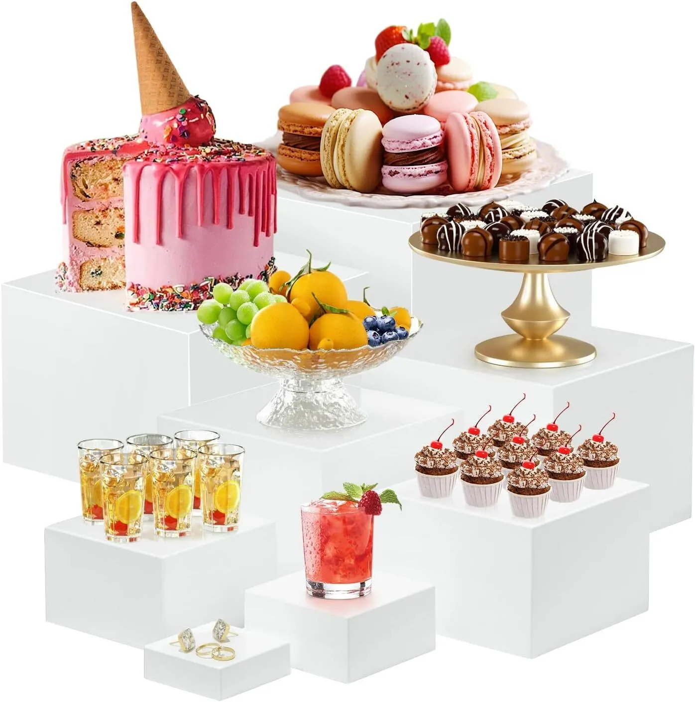 Presentoir a Gateau, Lot de 8 Presentoir Aperitif Buffet, Cube Présentoir Buffet Blanc, Presentoir Buffet Traiteur Acrylique, Support Buffet Mariage pour Dessert/Figurines/Bonbons/Aliments (3-10in)