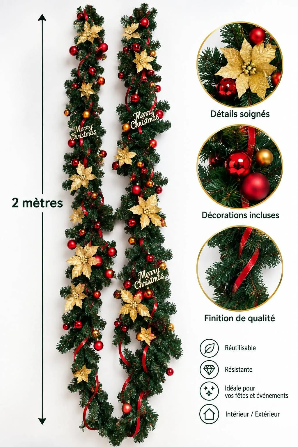 Guirlande de Noël lumineuse - 3 fois 2 mètres 