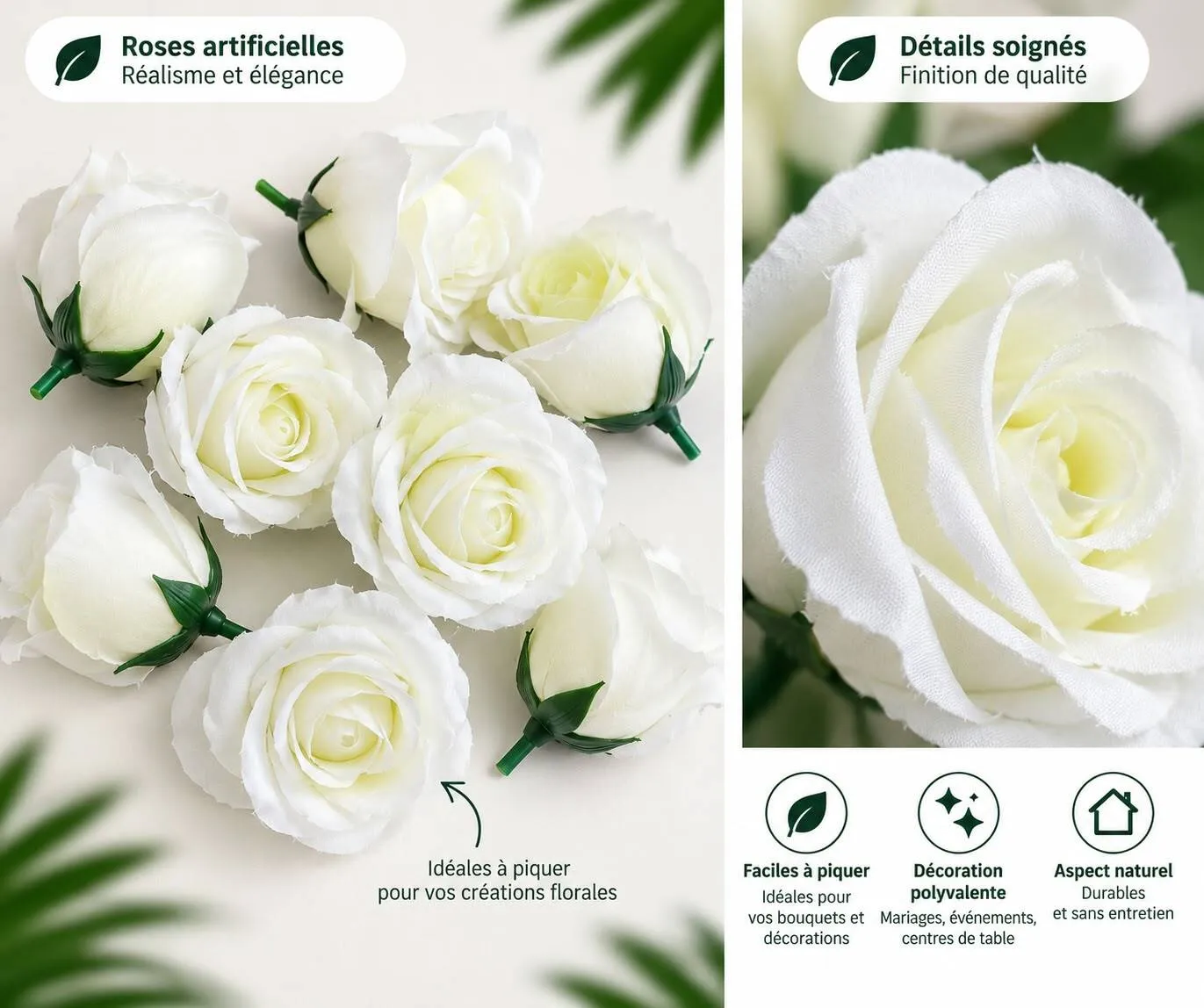 Roses artificielles - Lot de 20 roses blanches sans tige