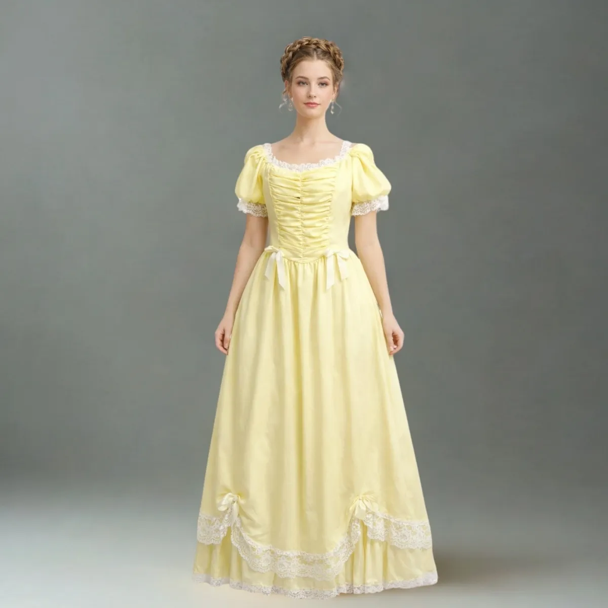 Elegantiška dama geltona suknele (Viktorijos epochos kostiumas)
