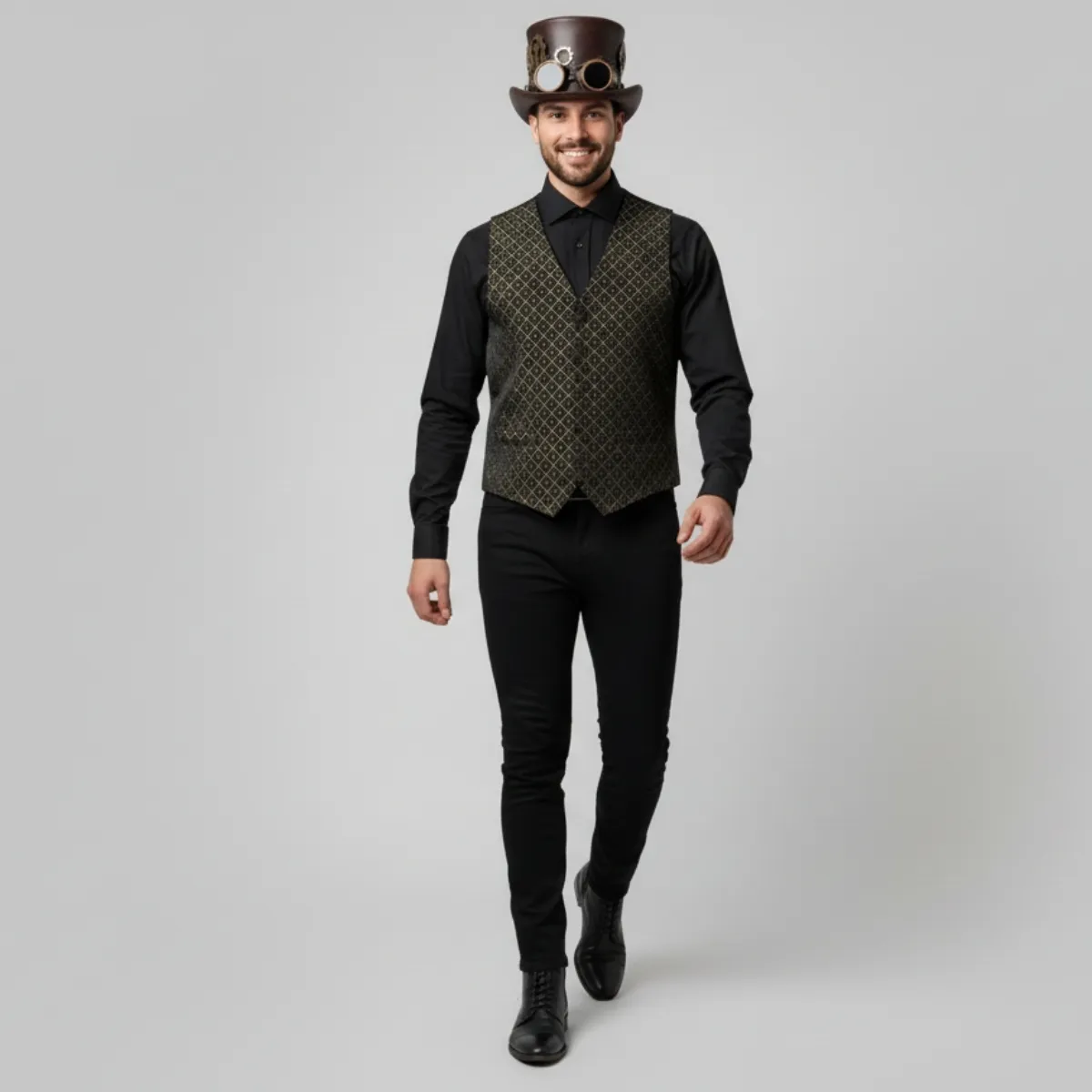 Steampunk vyriškas kostiumas – juodos ir aukso liemenės derinys