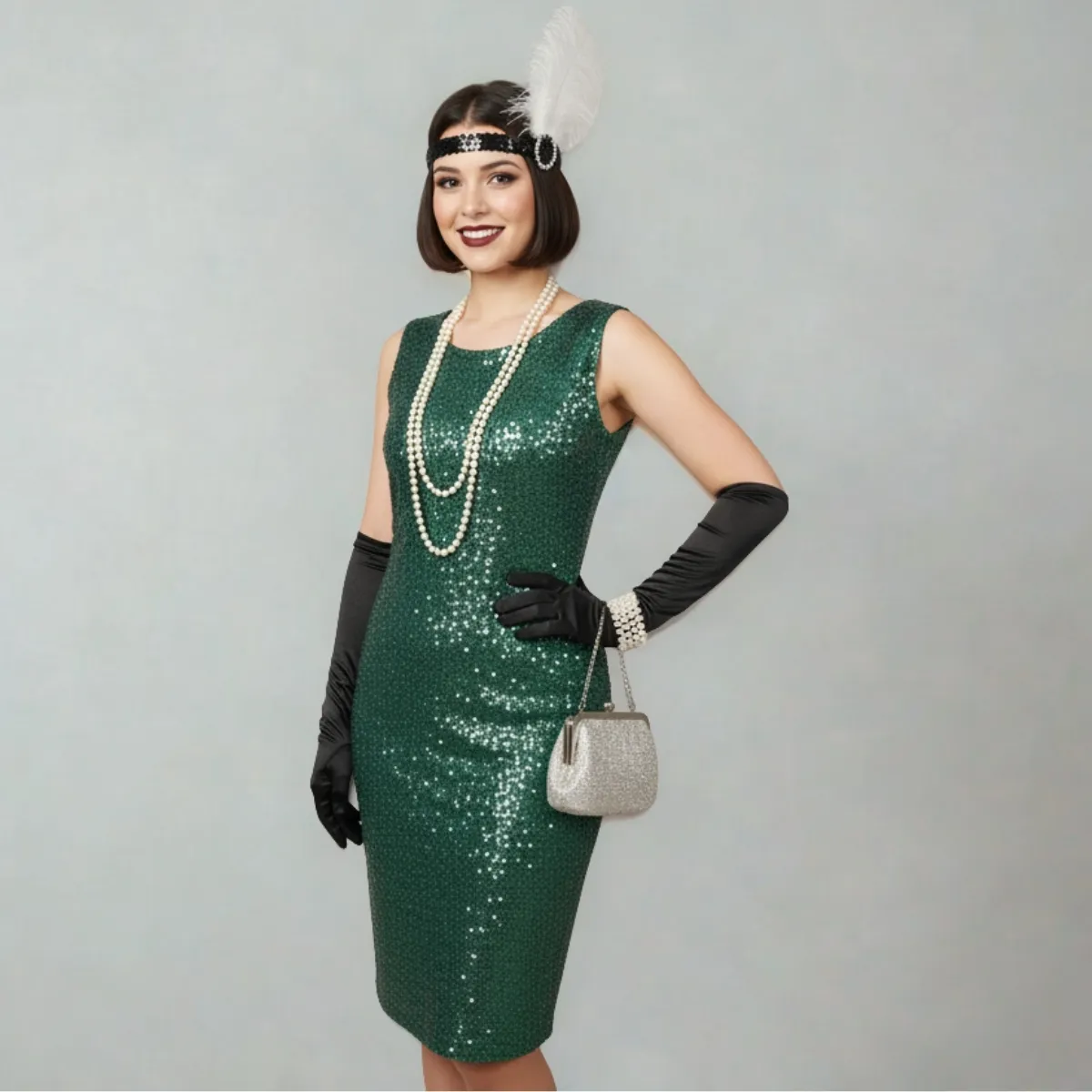 Smaragdinė žėrinti retro suknelė