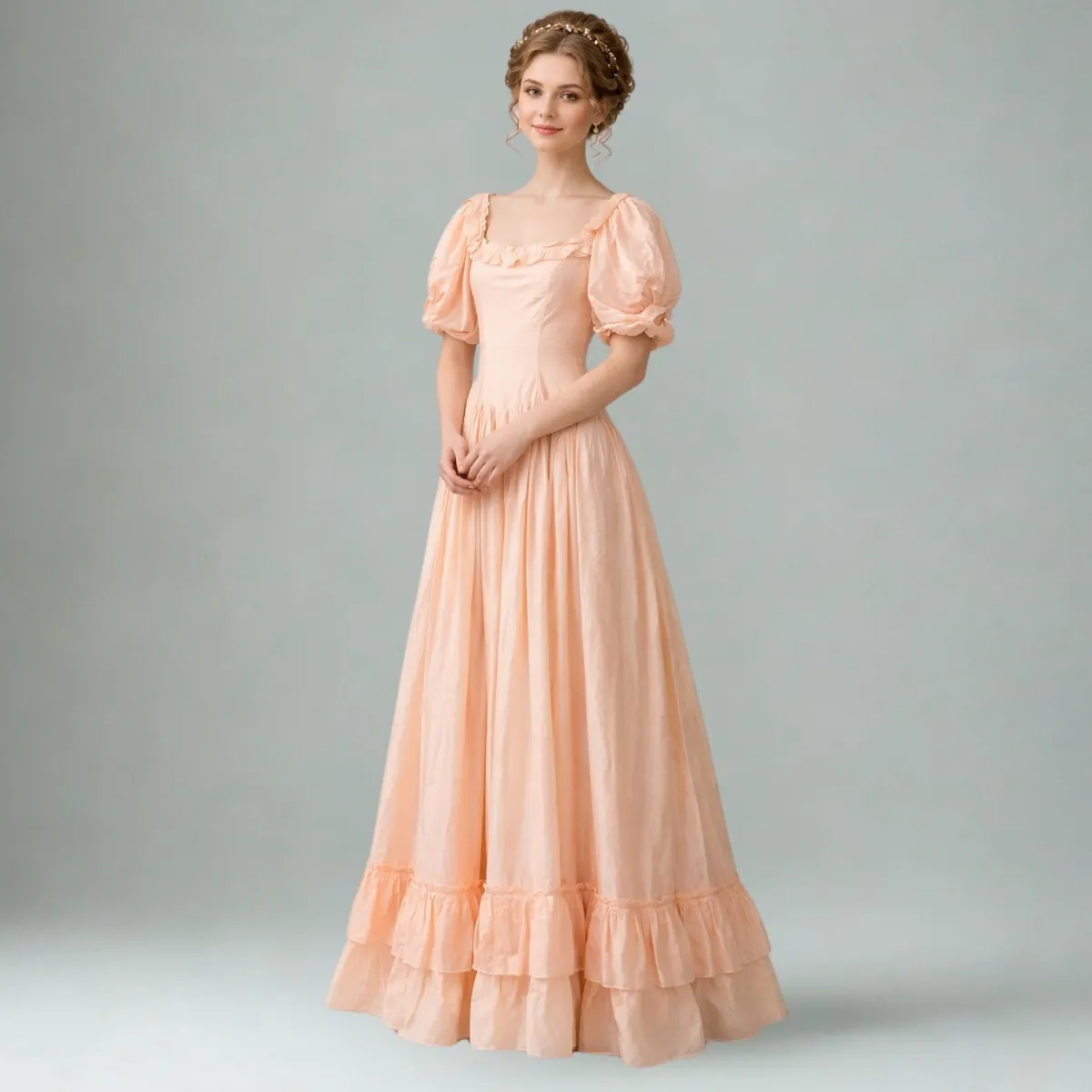 Romantiška dama persikine suknele (Viktorijos laikų kostiumas)