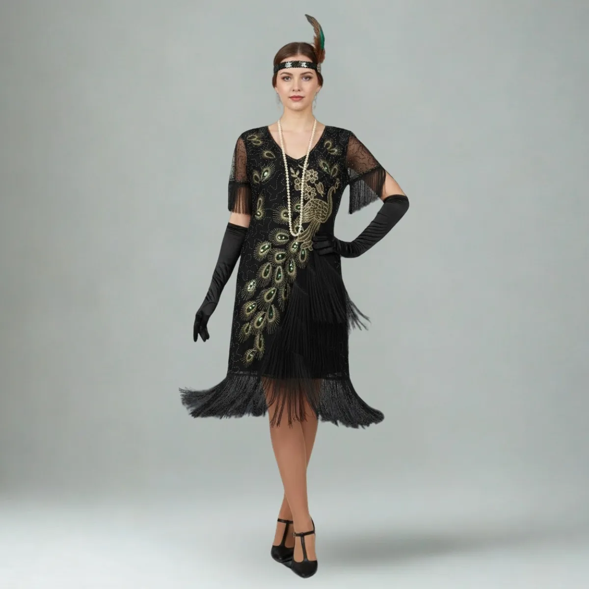 Juoda Gatsby suknelė su povu