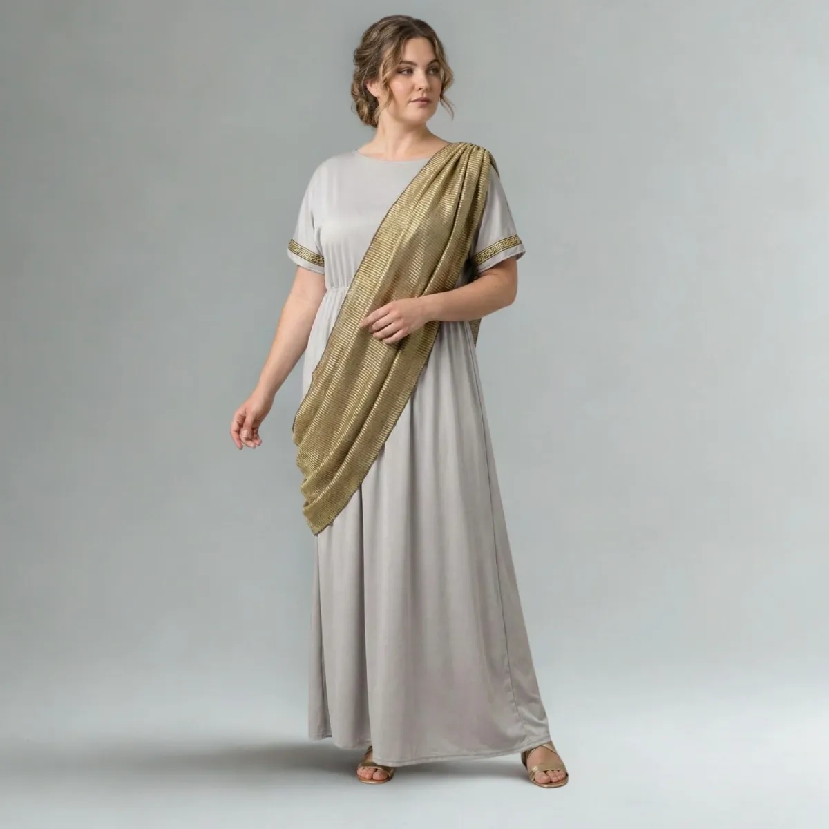 Graikiško stiliaus pilka suknelė su stola