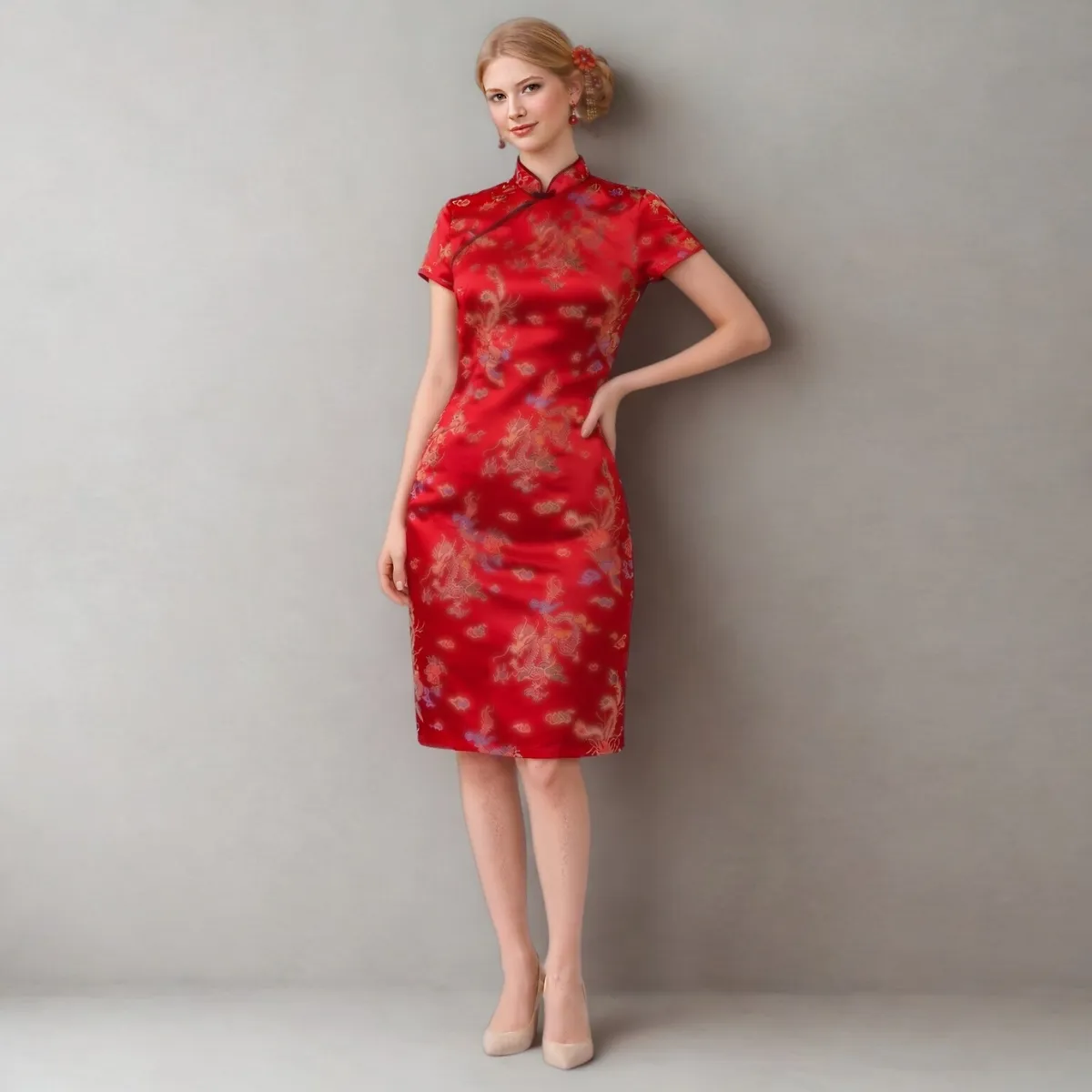 Raudona kinietiška čipao stiliaus suknelė