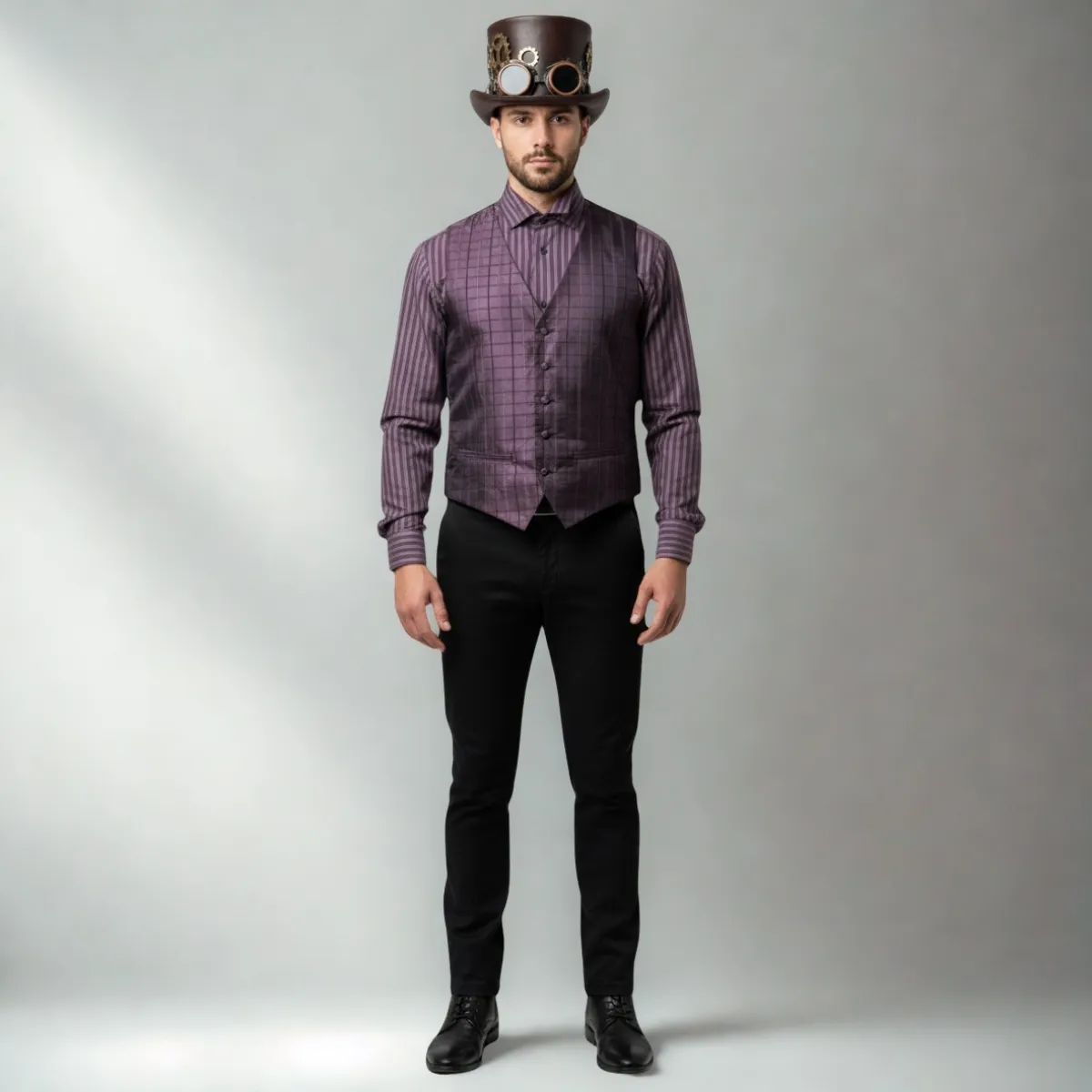 Steampunk vyriškas kostiumas – violetinis liemenės komplektas