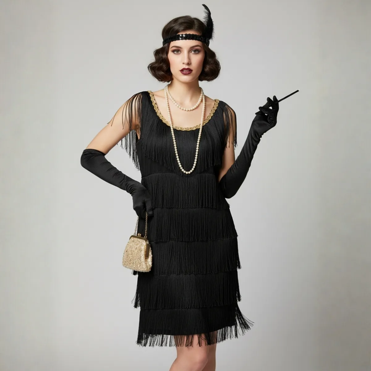 Juoda retro stiliaus suknelė su auksiniu akcentu