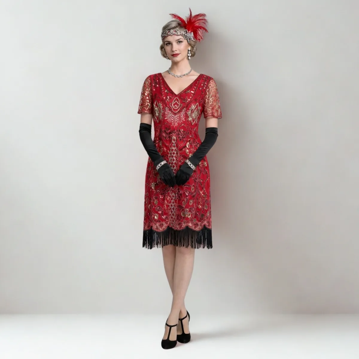 Raudona 20-ųjų retro suknelė su sidabrine ornamentika