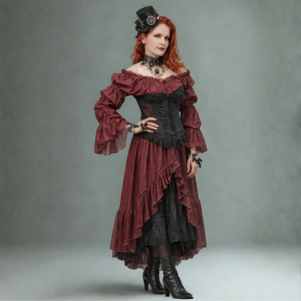 Bordo spalvos steampunk damos kostiumas