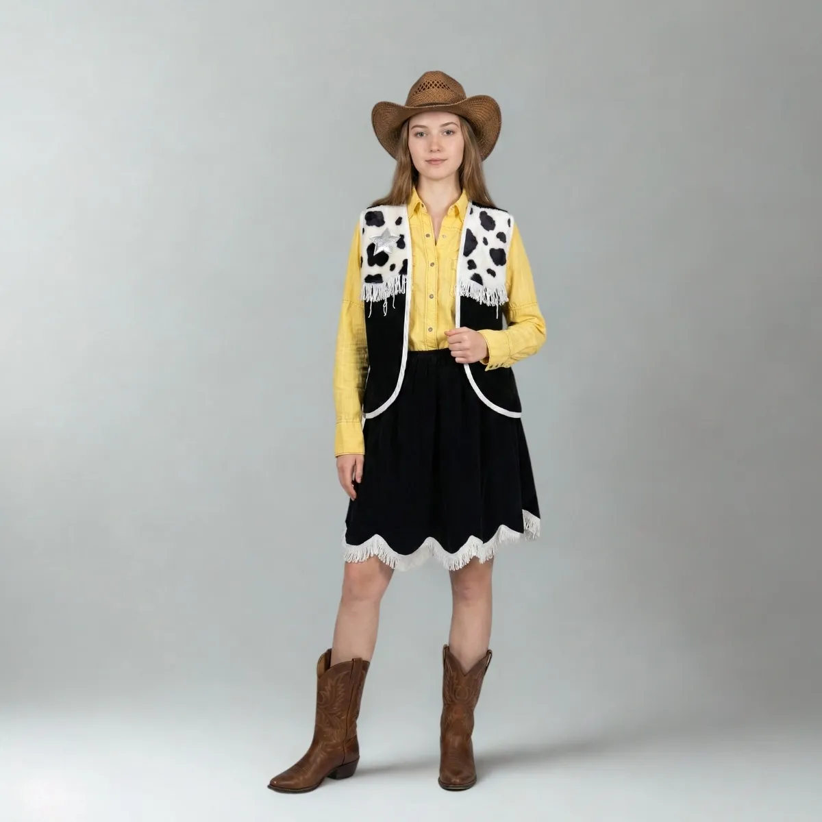 Kaubojė su karvės rašto liemene