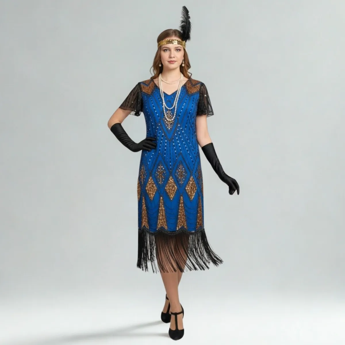 Mėlyna Gatsby suknelė su aukso rombais