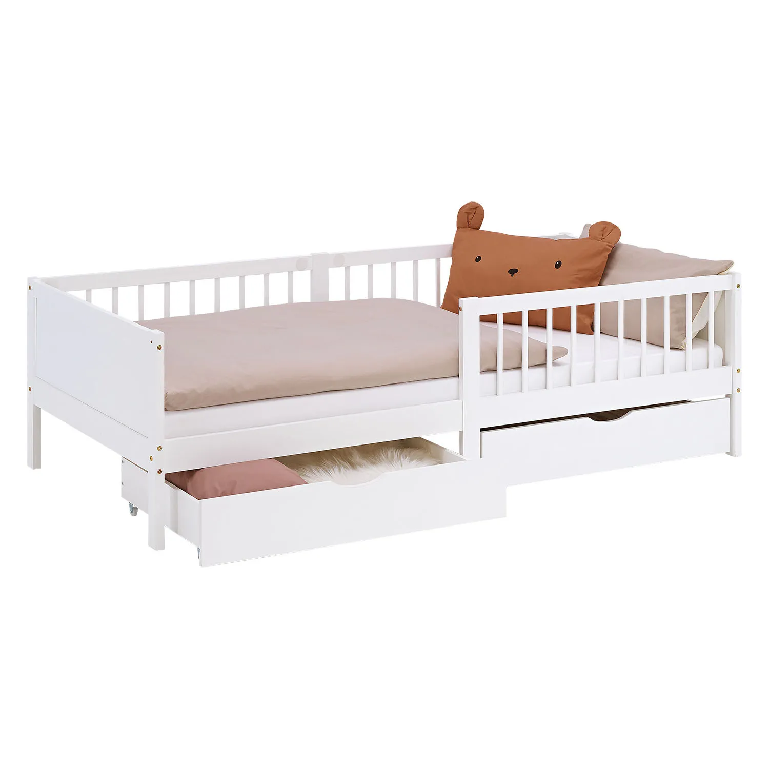 Single Children's Bed, White, Natural 70 x 140 cm, Solid Pine Wood with Slatted Base and Fall Protection