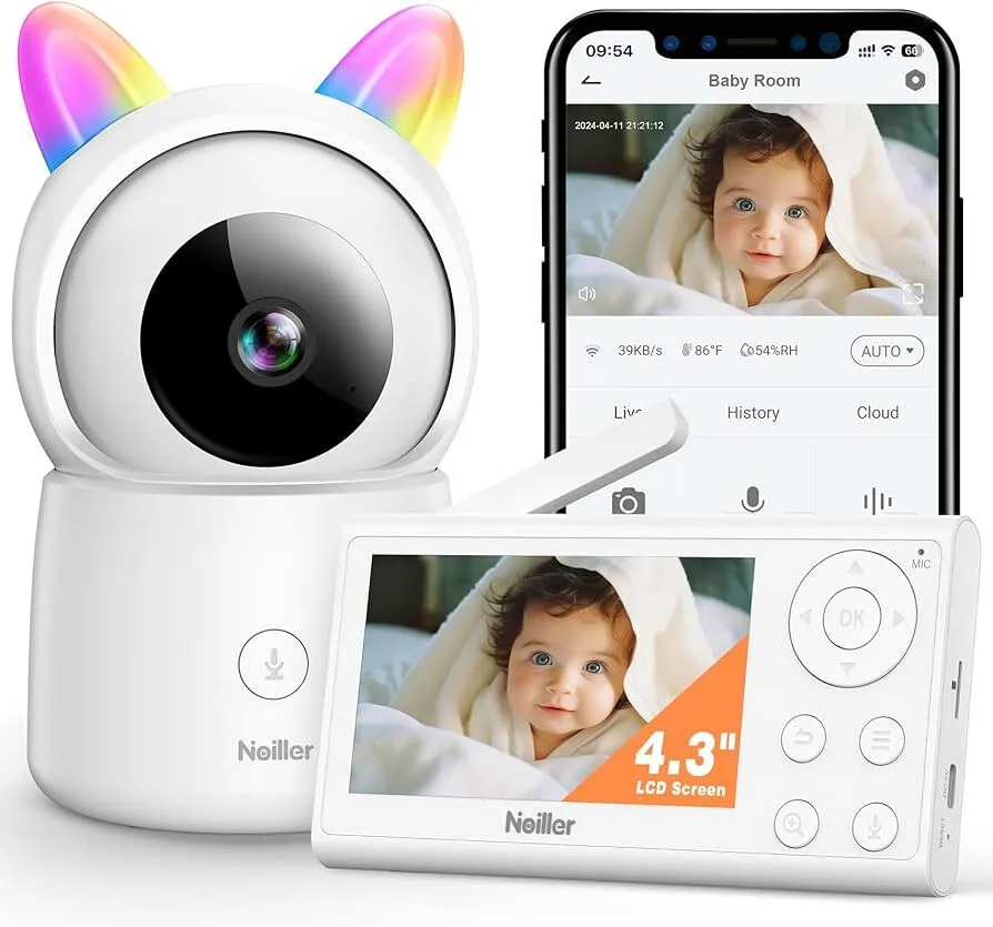 Baby Surveillance Camera, Remote App, 360° PTZ 1080P Baby Monitor with Camera, 4.3" IPS Screen, Colorful Night Light, Auto Tracking, Area Alarm, 2-Way Audio, 4X Zoom