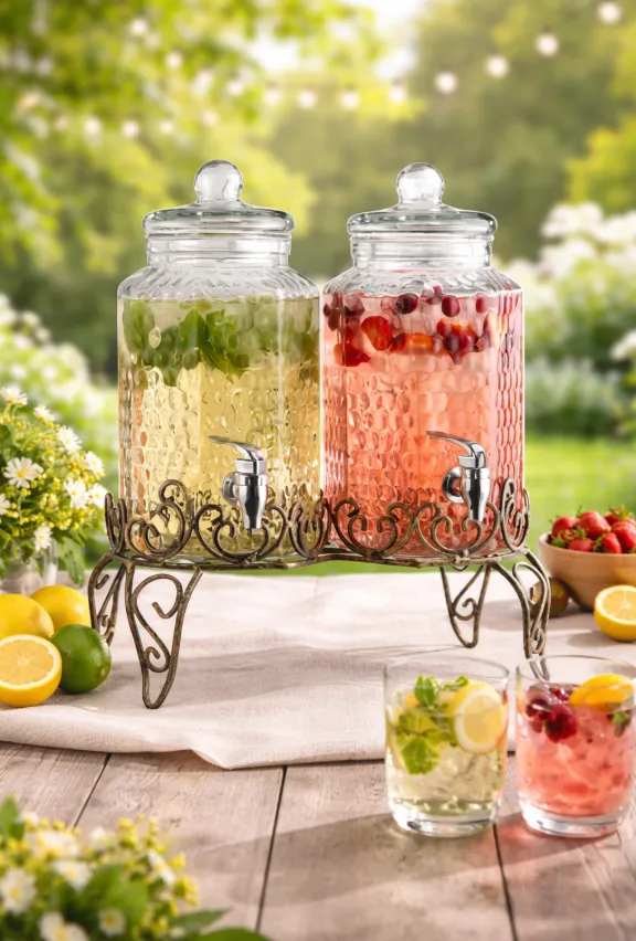 Hammered Double 1 Gallon Beverage Dispenser with Stand