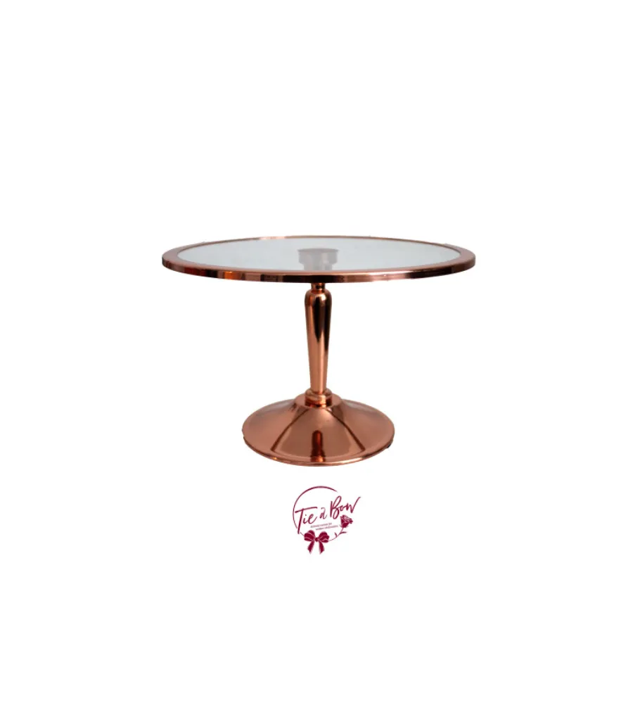 Rose Gold Cake Stand With Glass Plate With Rim (Medium): 12in W x 7.5in H
