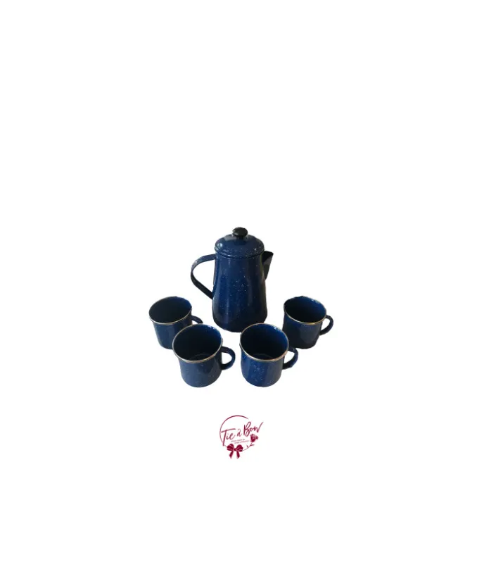 Tin Coffee Pot and 4 Tin Cups