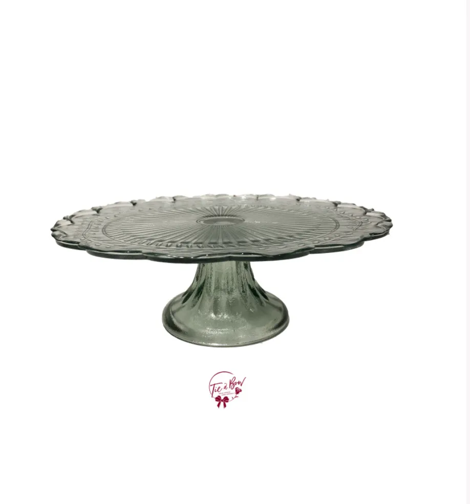 Vintage Glass Green Scalloped Edges Cake Stand: 10in W x 3.5in H