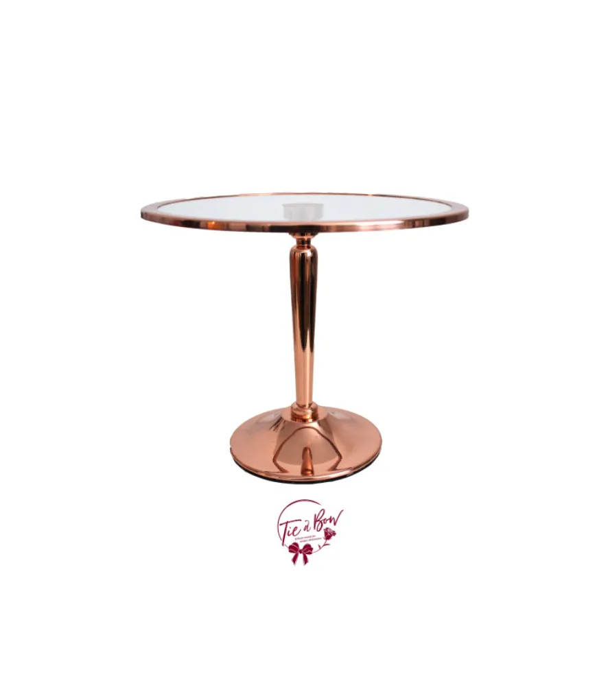 Rose Gold Cake Stand With Glass Plate With Rim (Tall): 12in W x 10in H