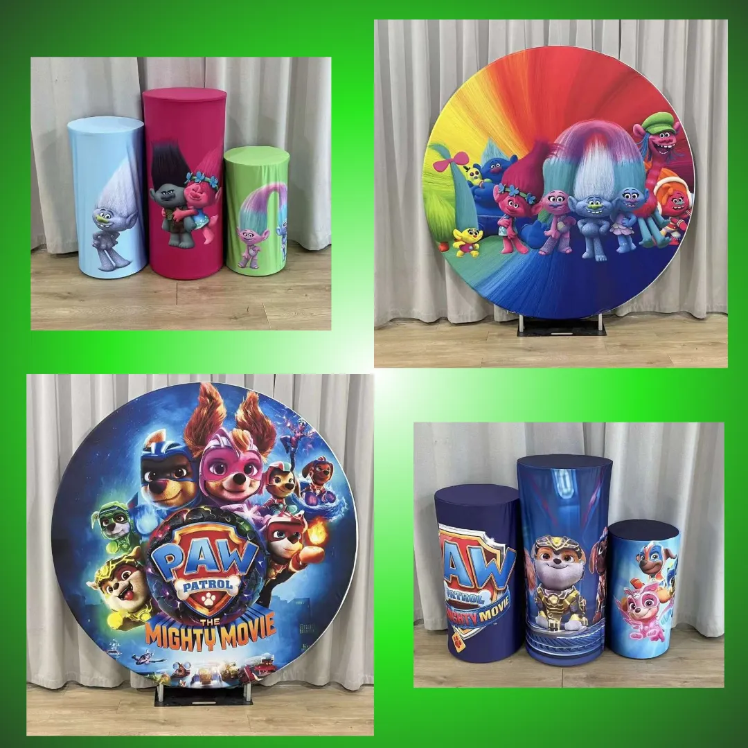 Paw Patrol or Trolls 2m Circle Backdrop & 3 tiered Plinth with Covers!