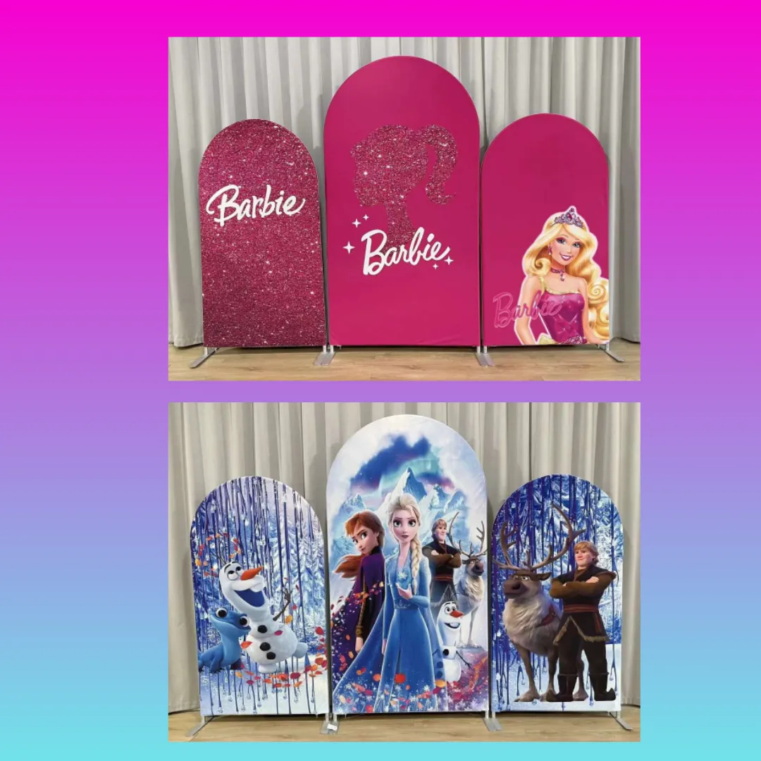 3 Piece Arch Backdrop Set, Frozen or Barbie