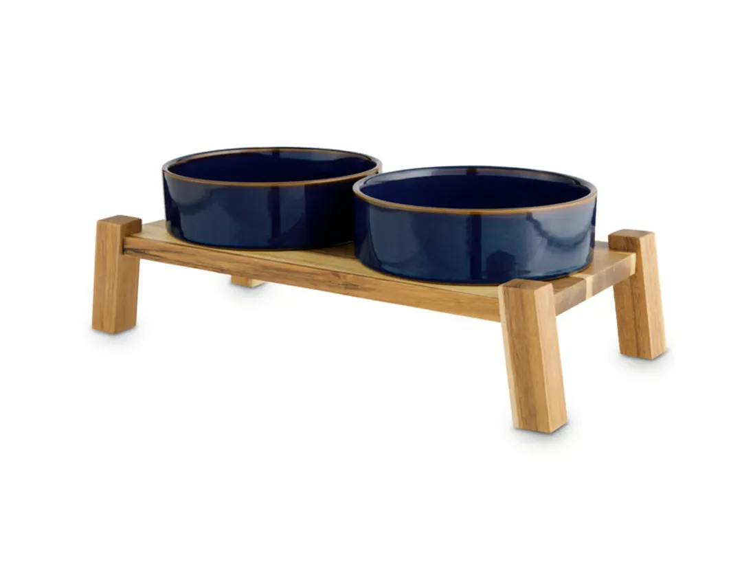 Ceramic & Wood Elevated Double Diner Dog Cat