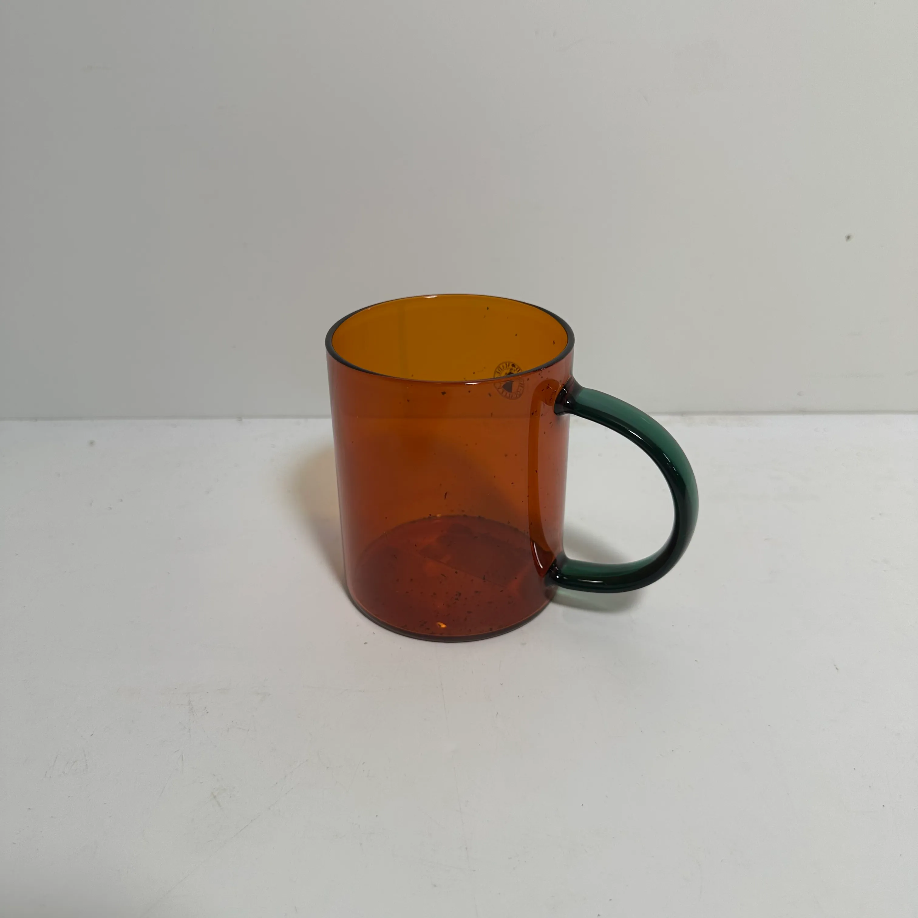 Glass Mug - Amber with Green Handle
