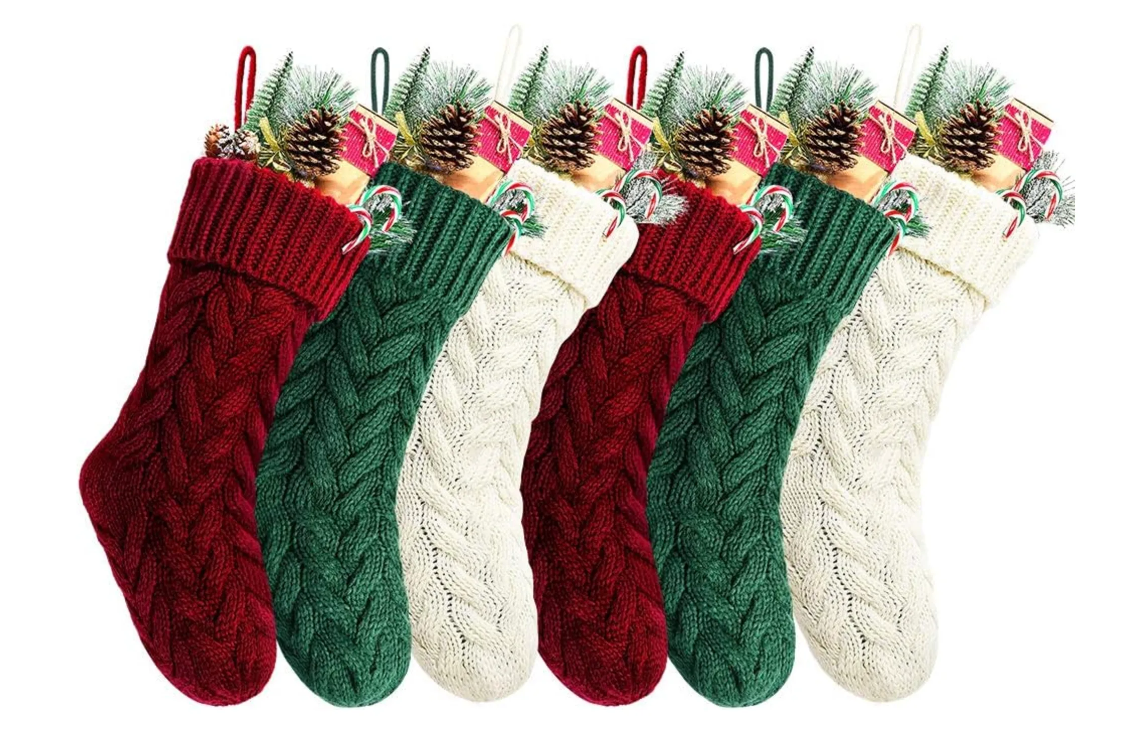 Christmas Stockings 14" Burgundy Ivory Green 6Pc