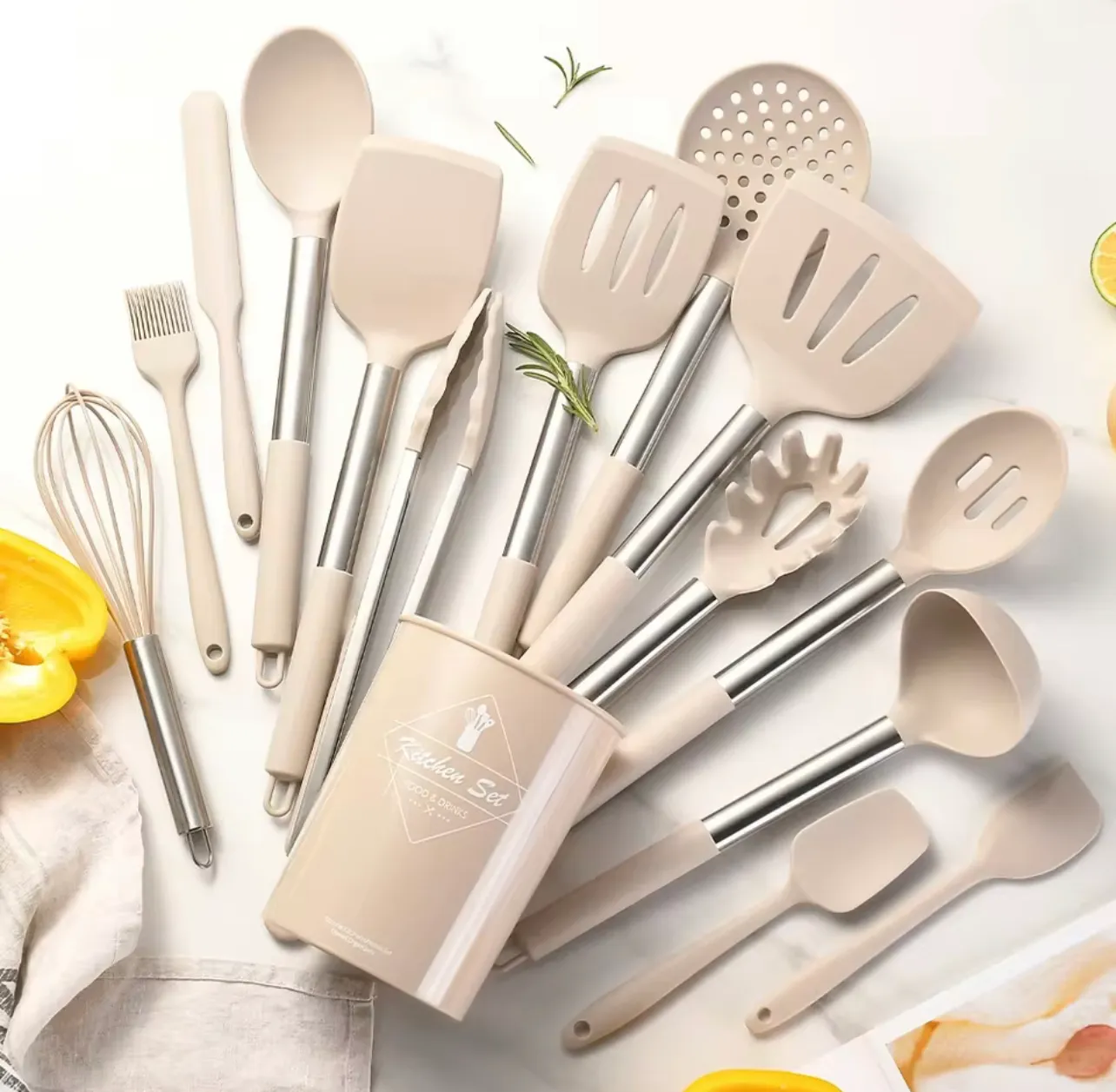 Silicone Kitchen Utensils Set Beige