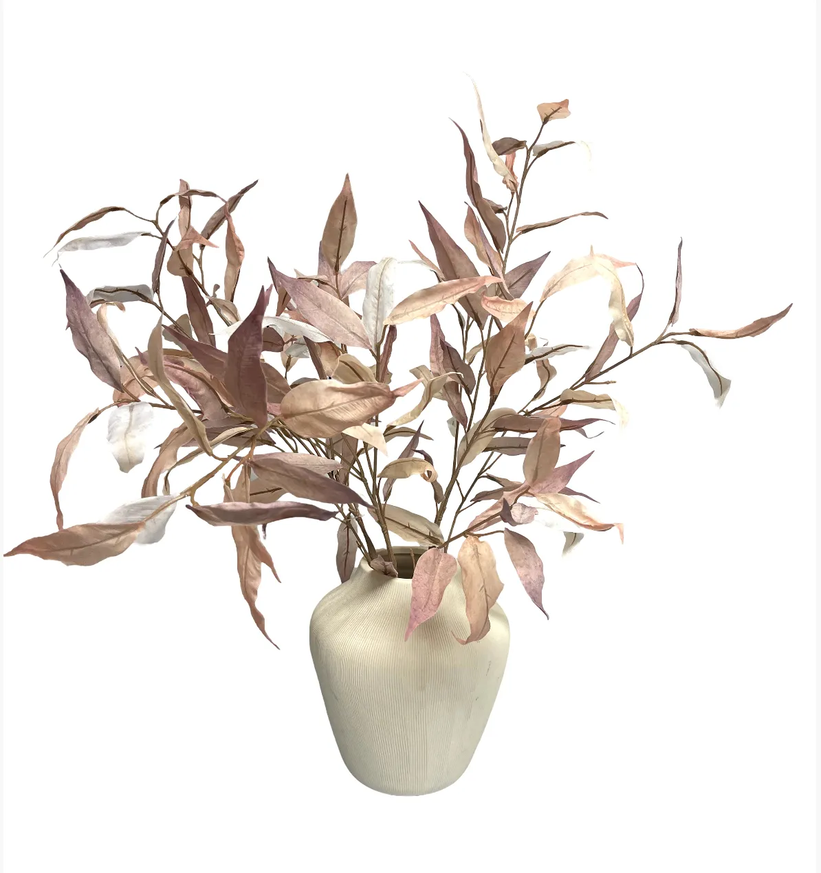 Beige Vase w/ Dried Pink Leaf Plant