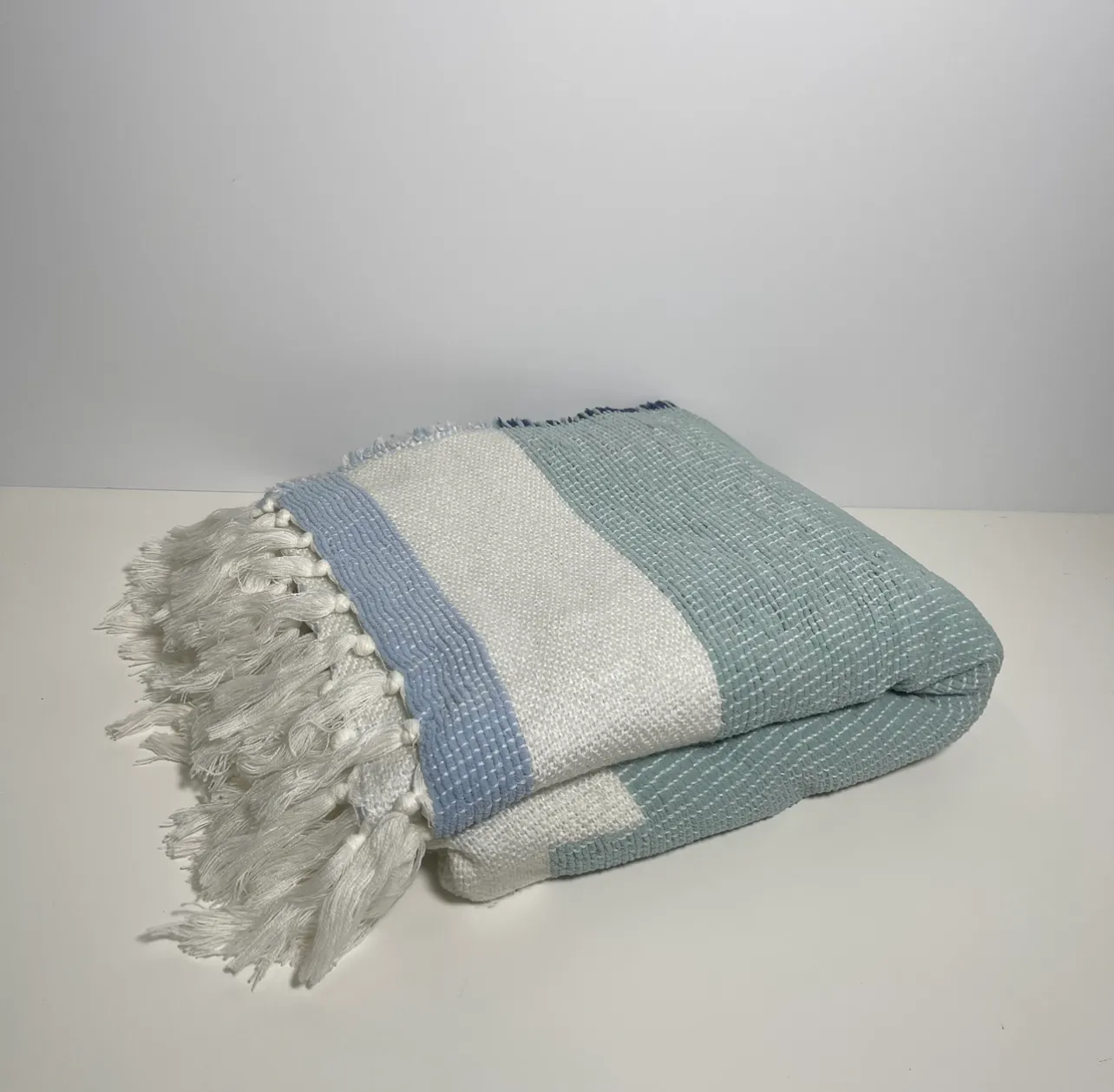 Throw Blanket - Blue/Aqua/White with Fringle - 26" x 62"