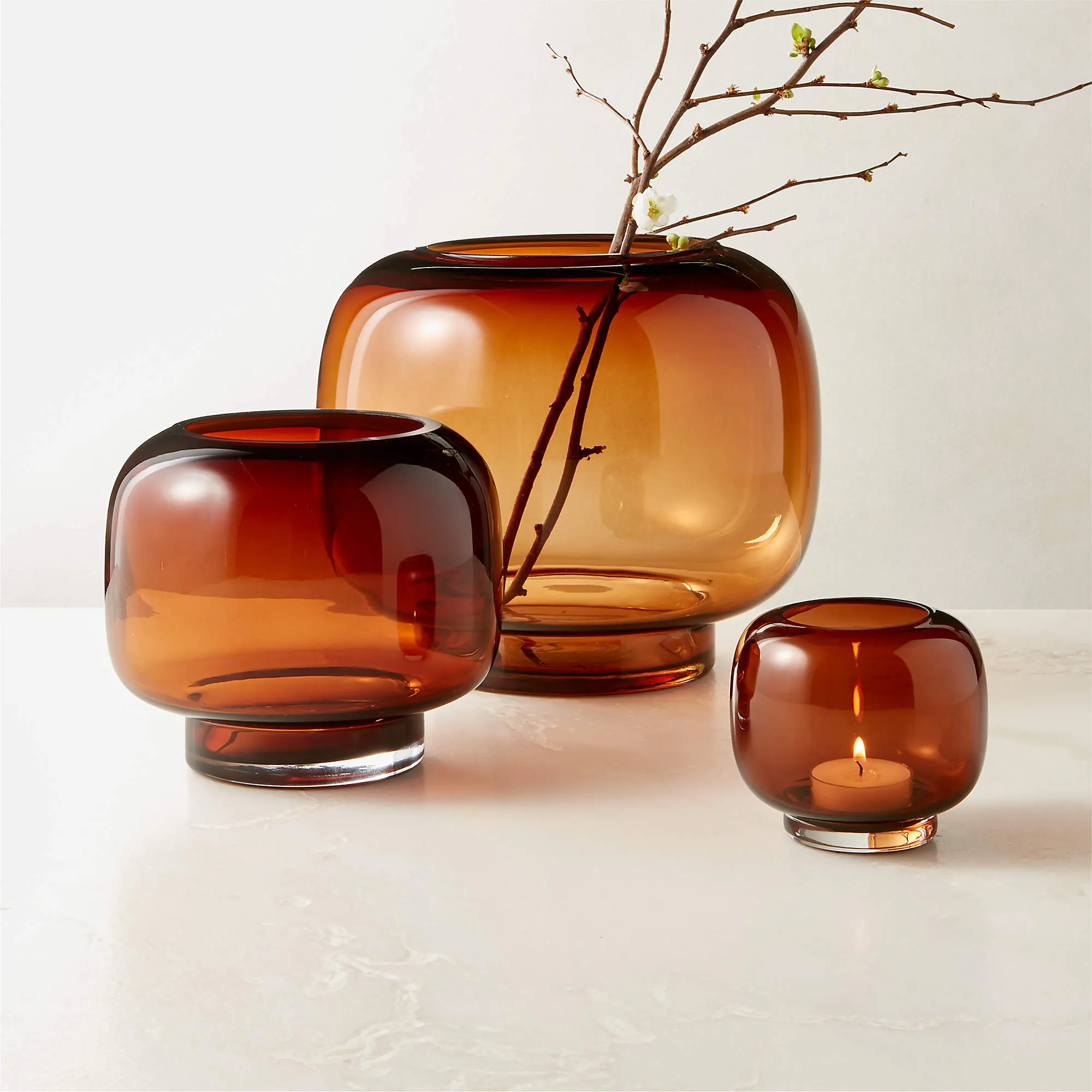 Amber Glass Candle Holder - Set of 3