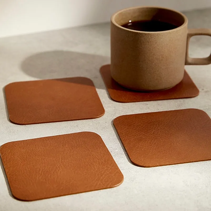 Square Brown Leather Coasters - Set of 4