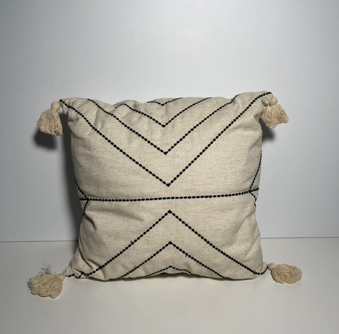 Throw Pillow - Beige & Black with Fringes