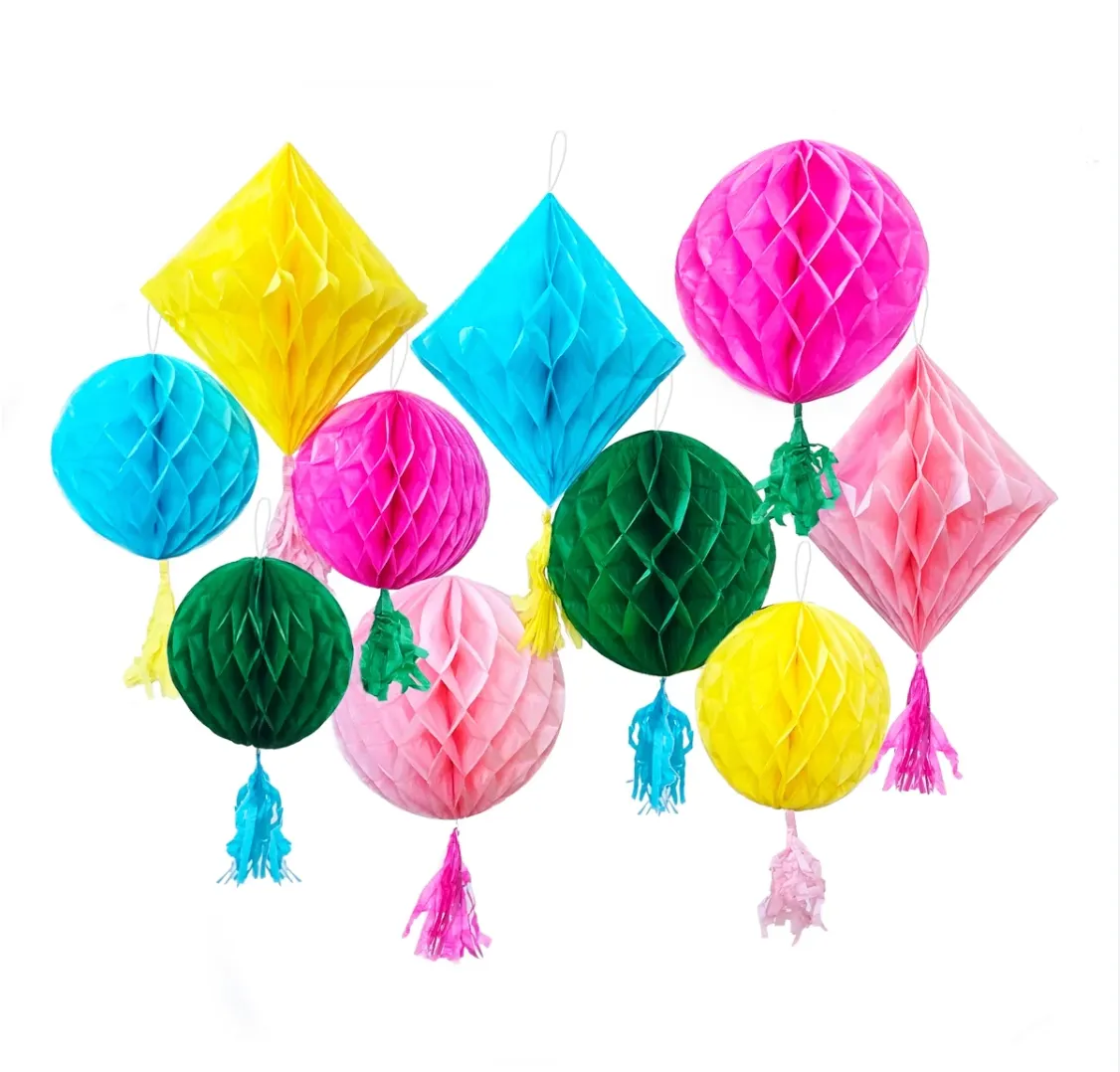 Paper Honeycombs w/ Tassels Colourful Set of 10
