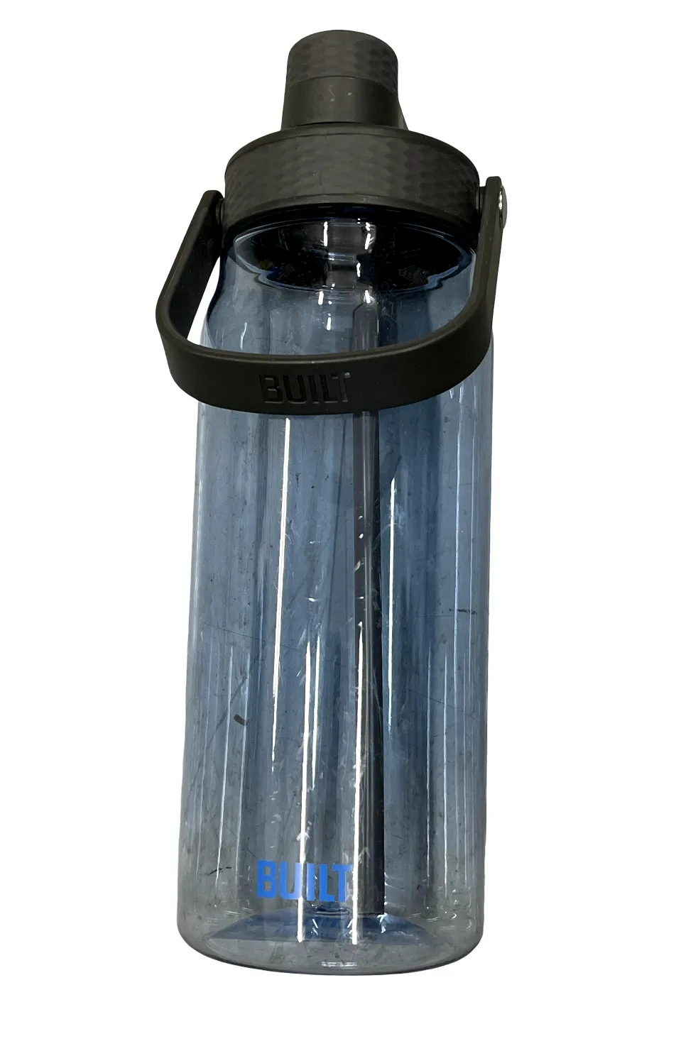 Plastic Water Bottle Clear Blue w/ Black Lid 40oz