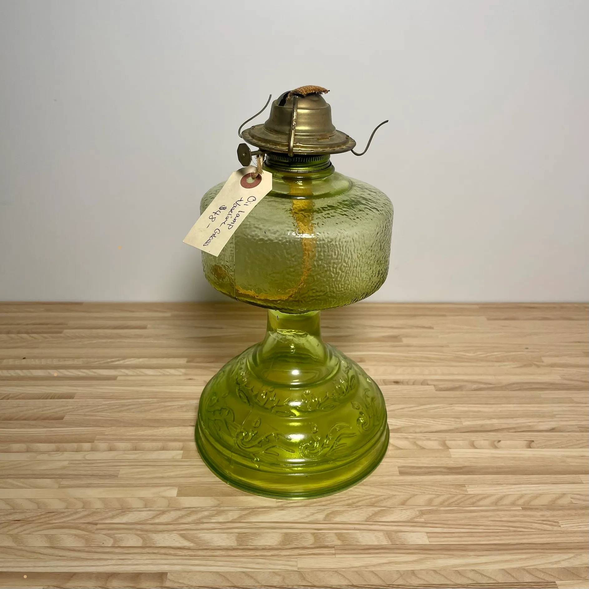 Oil Lamp Glass Green w/Tag Vintage