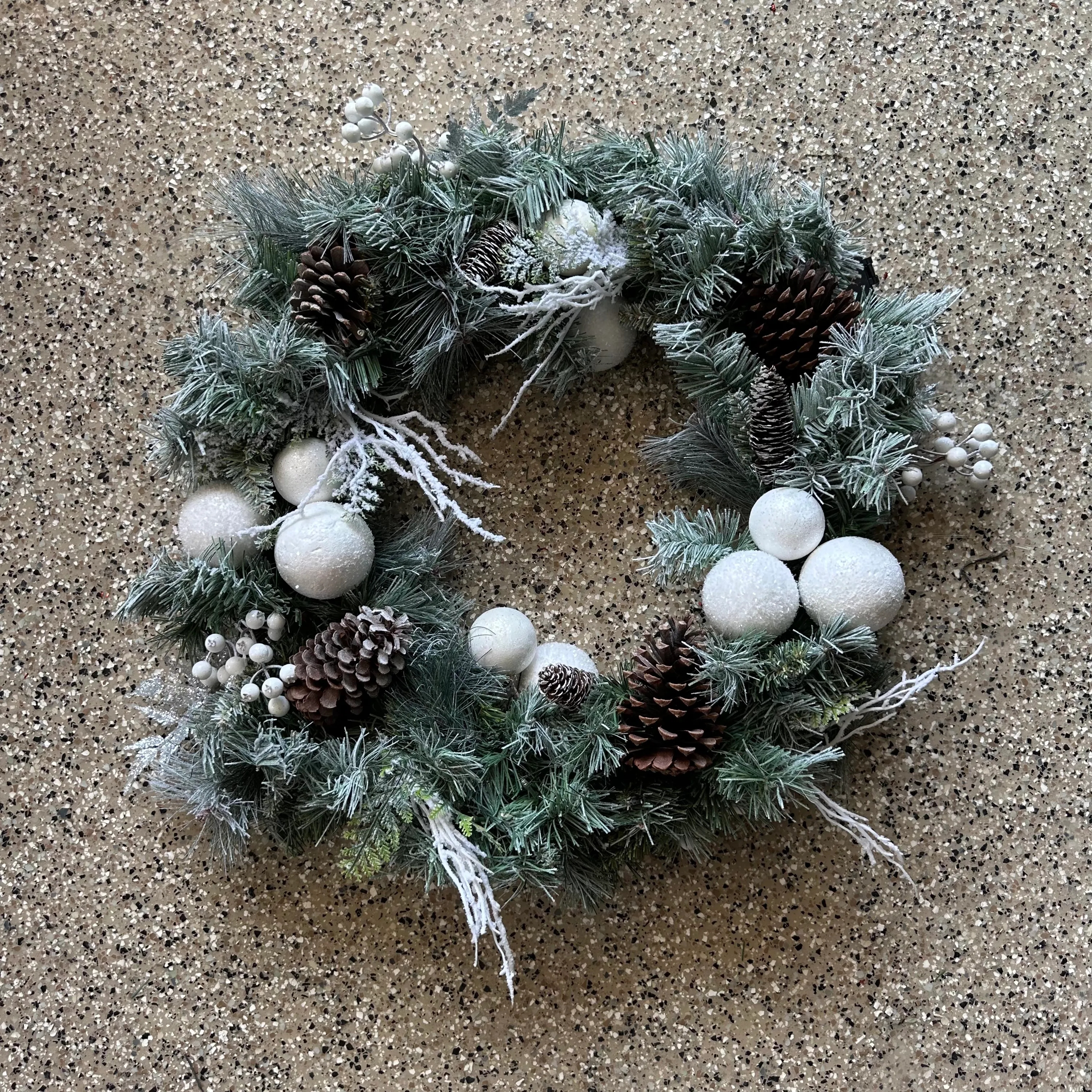 Wreath - Green with White Baubles/Pinecones