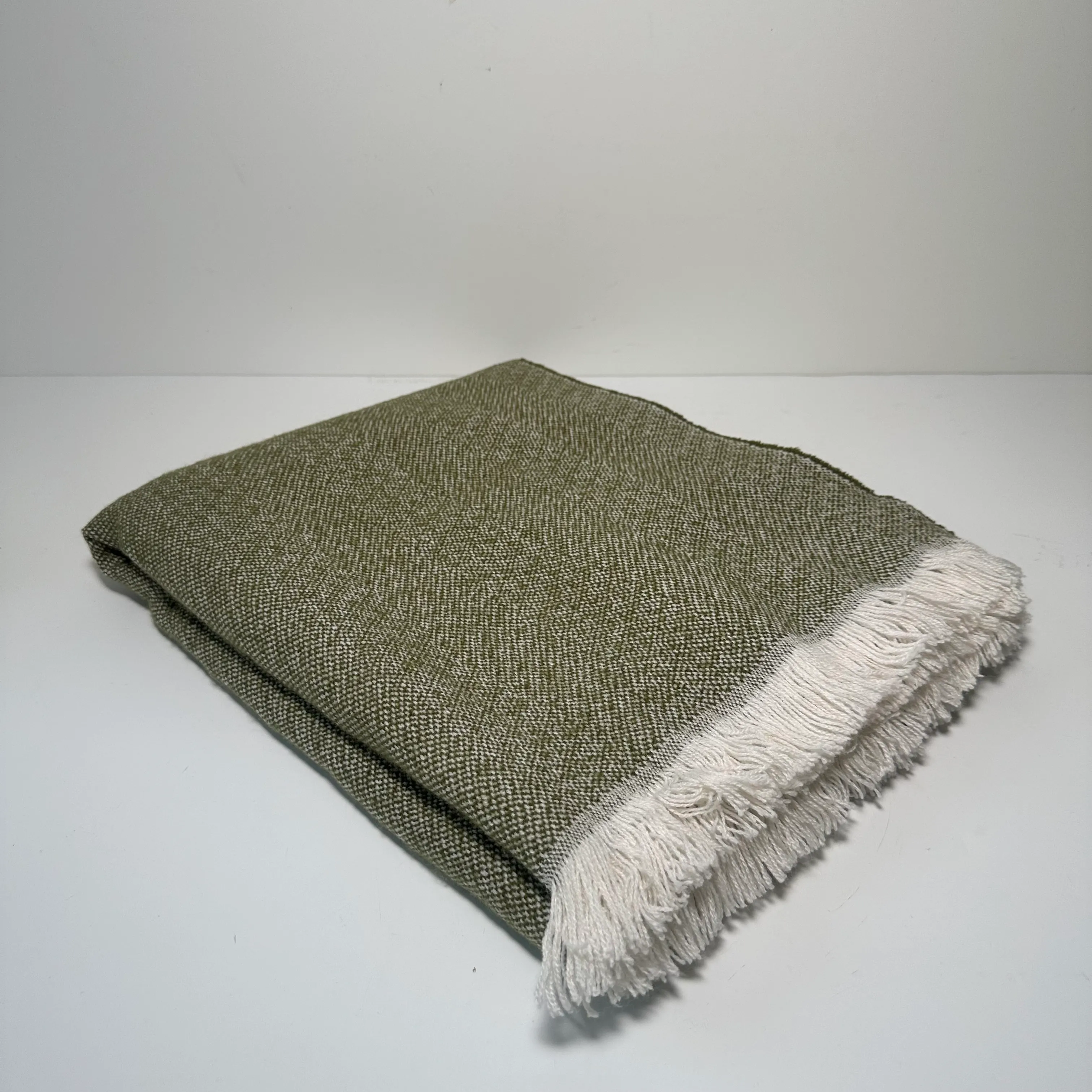 Throw Blanket - Green - White Fringe
