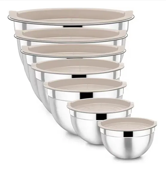 Stainless Steel Mixing Bowls w/ Beige Lid Set of 7