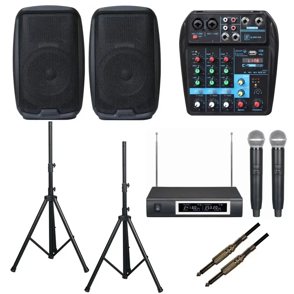 Impianto audio completo entri level, 2 casse, mixer, 2 microfoni con trasmettitore