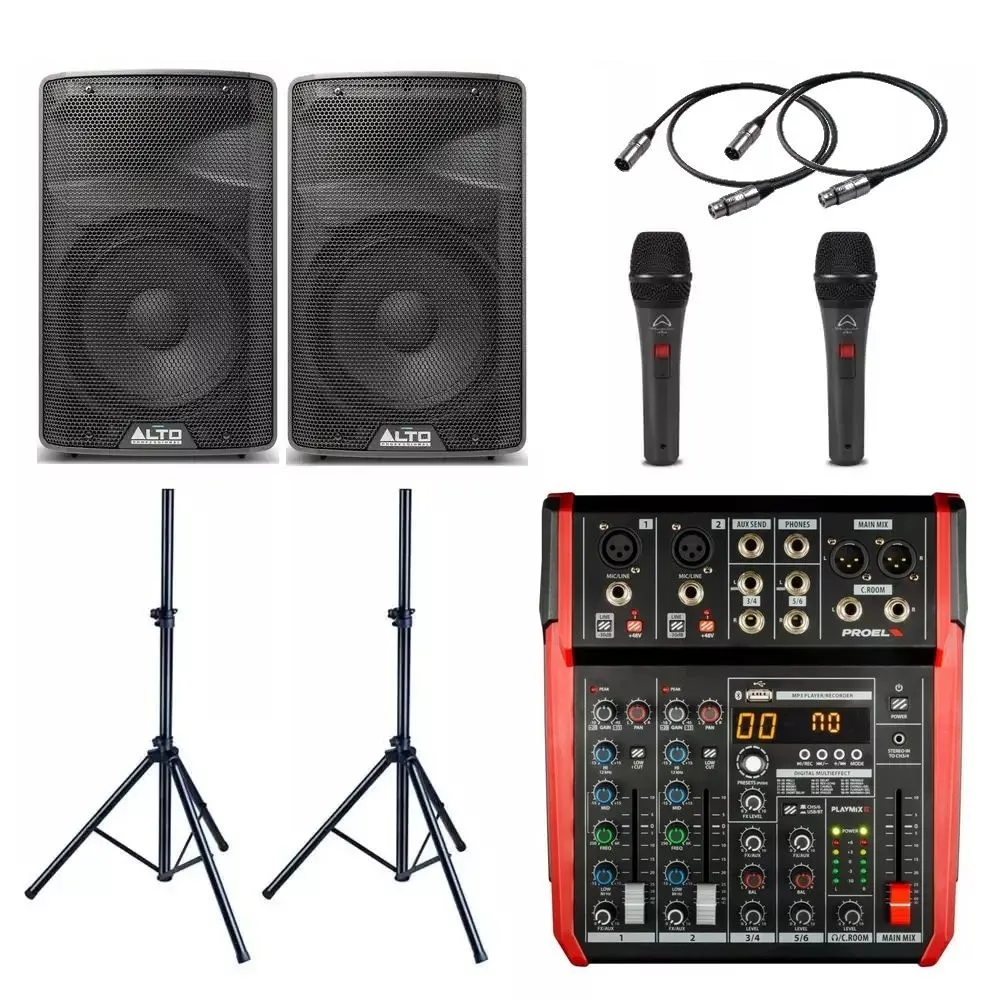Impianto audio completo professionale, 2 casse, mixer, 2 microfoni con tr